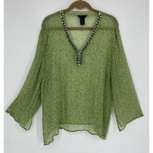 Silkland Women's Plus 2X 100% Silk Blouse Sheer Rhinestone Beaded Top Boho Tunic